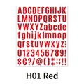 Close-up of bright red alphanumeric stickers featuring uppercase, lowercase letters and numbers - Red