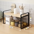 Black metal 2-tier kitchen spice rack with wood boards, size 40.7x20x18cm for countertop - 40cm Black Frame + Natural Wood