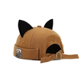 Gorro docker de lona marrón con orejas de gato negras y hebilla ajustable - Camel con Parche