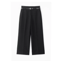 Women's black wide-leg trousers with minimalist waist belt and stylish cuffed hems - S / Black