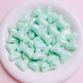 Macro detail of mint green iridescent heart beads in a white ceramic dish for DIY projects - Aqua Green