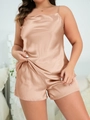Plus size champagne silk satin camisole and shorts two-piece sleepwear set for women - Champagne