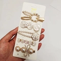 5-piece set of white and gold hair clips featuring pearls, rhinestones, and roses - Mei Rabbit (5 Piece Set)