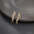 Elegant 14K gold-plated leaf-shaped stud earrings with white zircons on ceramic plate - Leaf Feather Shape (087)
