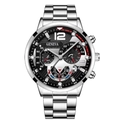 Men's silver quartz watch with black dial, red accents, and stainless steel mesh strap - Silver Steel Strap