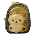 Transparent mustard yellow cat backpack featuring cute cartoon bear and sunflower designs - Side Open Transparent Bear