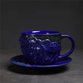 Dark blue ceramic coffee cup and saucer set with unique embossed scale texture - 238-c Meteorite Pattern Coffee Mug + Saucer (blue) 200ml / Universal
