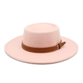 Pink flat top wool hat with wide brim and double buckle leather band for women - M (56-58cm) / Grapefruit Pink