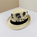 Detail of embroidered palm tree on beige straw fedora with black ribbon band - M (56-58cm) / Large Palm Tree Beige