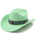 Détail du chapeau de cow-boy en daim vert menthe avec bande brodée et boucle papillon en métal - M (56-58cm) / Vert Fruit