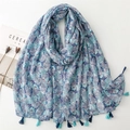 Blue floral silk scarf with fringe tassels and pomegranate pattern on white background - 180*90CM / Blue Floral