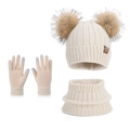 Kids' beige winter knit set with pom-pom hat, neck warmer and touchscreen gloves - Three-Piece Set / Beige