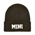 Detail of olive green knit beanie featuring white plush MINI letter embroidery - Kids Style(MINI) / Dark Army Green