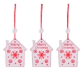 Three white wooden house Christmas ornaments with red Merry Christmas text and hanging ropes - White House * 3