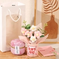 Handmade crochet puff flower bouquet set with pink ceramic vase and tea tin gift box - Tea Canister + Gift Bag + Card / Pink Goddess Day Puff Hug Bucket