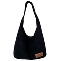Classic black corduroy tote bag for women with vintage 7Street embossed leather patch - Black