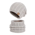 Winter light grey knit beanie and neck warmer set with warm fleece lining for outdoors - 2-Piece Set (Hat + Scarf) / Mixed Beige