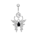 Piercing de nombril argenté avec gemme transparente et pendentif papillon noir - Papillon Argenté (Pierre Noire)