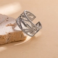 Macro detail of silver stainless steel adjustable ring with hollow leaf design on stone - Hollow Cannabis Leaf Style (14) / Steel
