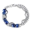 Bracciale a doppio strato in acciaio inossidabile con catena cubana e pietre occhio di tigre - Acciaio Inossidabile Argento Doppio Strato Con Occhio Di Tigre Blu