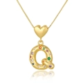 Detail of gold heart pendant with multi-color crystal letter Q on a box chain - Letter Q