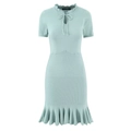 Abito in maglia a coste a maniche corte con bordo a volant e scollo a fiocco verde menta - Taglia S / Celeste