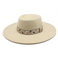 Classic beige wide-brim fedora hat with a patterned bohemian decorative band - M (56-58cm) / Beige