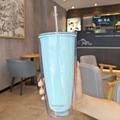 Blue double-layer plastic tumbler with straw and Good Lucky text in a 750ml capacity - 750ml / Letter Style - Blue