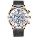 Men's chronograph watch with rose gold case, silver dial and black mesh steel band - Black Band Rose Gold Case White Dial