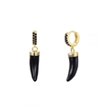 Close-up of S925 sterling silver stamp on golden hoop earrings with black horn pendants - 24K / Black Horn Style (JQH0067-GG-3)