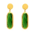 Detailed view of green faceted glass earrings with dimensions on 18K gold stainless steel - Oval Dangle Style (TXF272) / Gold Green Glass Stone