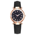 Montre quartz femme avec cadran ciel étoilé, boîtier or rose et bracelet en cuir - Noir