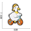 Embroidered duck on bicycle iron-on patch, white cartoon bird with hat and bike, 7.5cm x 5cm - Cycling Duck (No. 7)