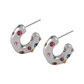 Polished silver C-shaped hoop earrings with colorful inlaid rhinestones for women - Thick C-Shape / Silver Colorful Zircon