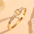 Detail of 18k gold plated bangle with geometric white shell inlay and sparkling cubic zirconia - Gold White Shell Zircon Square Buckle Style (H420)