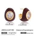 Vintage oval C-shaped gold stainless steel earrings with red enamel and clear zircon - C-Shaped Enamel Rhinestone Style / Red Brown (JDE0111147-RD)