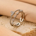 Silver layered open ring with heart zircon and beaded texture on beige stone - Silver Double Layer Heart Ring (0303)