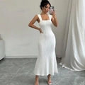 Elegant white square neck sleeveless maxi dress with unique 3D wavy texture and fishtail hem - S / White