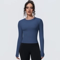 Haut de yoga à manches longues coupe ajustée bleu Morandi en tissu respirant pro - Bleu Marine