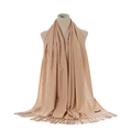 Detail of beige cashmere-feel scarf featuring soft fringe and elegant black woven label - Beige