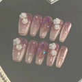 Elegante lila-rosa Farbverlauf-Nägel zum Aufkleben mit 3D weißen Rosen - Z526 Milchweiß Kamelie