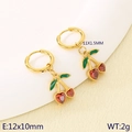 Golden cherry hoop earrings featuring red heart crystals and green enamel leaves - Heart Red Zirconia Cherry Gold Hoops (KE119988-GC)