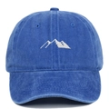 Detailed view of white mountain range embroidery on a washed blue vintage baseball cap - Sapphire Blue