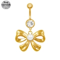 Detail of 316L surgical steel belly ring with golden bow, pearls and clear zircon - Gold Bow with Artificial Pearl (24080101-1)