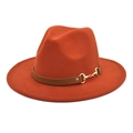 Classic rust orange wool fedora hat with wide brim and decorative leather horsebit buckle band - Caramel color / M (56-58cm)