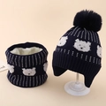Detail of navy boy's winter set with bear jacquard knit and thick white fleece lining - Navy Blue