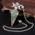 Green crystal pendulum with silver crescent moon and copper wire wrap for divination - Green Aventurine