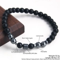 Matte black agate and hematite beaded bracelet with dimensional product specifications - Matte Black Agate Hematite