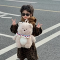Cute beige plush bear backpack for children with a decorative colorful crochet lace collar - Khaki With Scarf (Bear) / Khaki
