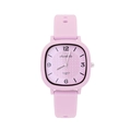 Detail view of pink square dial quartz watch with silicone strap and Arabic numbers - Pink